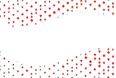 Kart elemanlarıyla Açık Kırmızı Vektör düzeni. Kalplerle, maça, sinek ve elmaslarla parlayan illüstrasyon. Kitapçıklar, kumarhanelerin broşürleri..