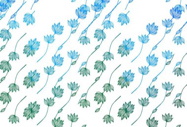 Açık mavi, yeşil vektör karalama deseni. Karalama tarzında yaprakları olan belirsiz bir çizim. Paketleme için el boyası tasarımı, duvar kağıdı.