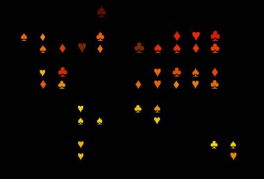 Koyu turuncu vektör düzeni ve kart elemanları. Oyun kartlarının izole sembollerine sahip soyut çizimler. Kumarhane reklamınız için akıllı tasarım.