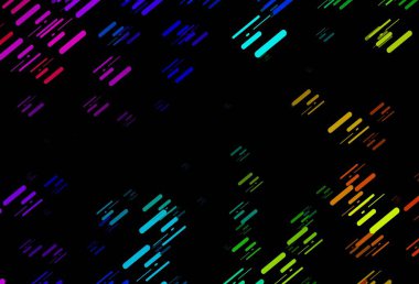 Dark Multicolor, Gökkuşağı vektör arkaplanı ve düz çizgiler. Renkli çubuklarla gösterişli soyut çizimler. Reklamınız, posteriniz, afişiniz için en iyi tasarım.