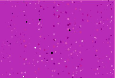 Kristalleri, daireleri ve kareleri olan açık mor bir vektör şablonu. Küreler, kareler ve çizgilerle soyut çizimler. İş ilanınız için akıllı tasarım.