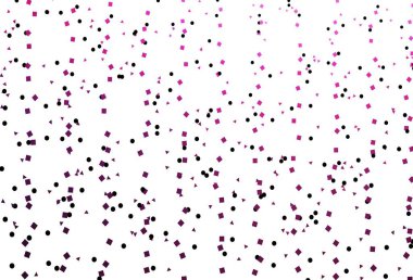 Kristallerle, dairelerle, karelerle açık pembe vektör şablonu. Renkli noktaları, çizgileri, küpleri olan soyut çizimler. Reklamlar için desen.