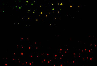 Koyu yeşil, kırmızı vektör arka plan, üçgenler, daireler, küpler. Renkli noktaları, çizgileri, küpleri olan soyut çizimler. Web siteleri için şablon kullanılabilir.