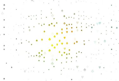 Açık yeşil, kart elementleriyle birlikte sarı vektör düzeni. Kalplerle, maça, sinek ve elmaslarla parlayan illüstrasyon. Kumarhanelerin kartvizitleri için şablon.