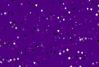 İskambil kağıtlarıyla açık mor vektör dokusu. Kalplerle, maça, sinek ve elmaslarla parlayan illüstrasyon. Vegas 'ta parti ilanları, etkinlikler.