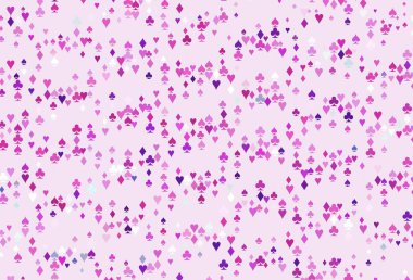 Açık Pembe, poker sembollü mavi vektör şablonu. Kalplerle, maça, sinek ve elmaslarla parlayan illüstrasyon. Kitapçıklar, kumarhanelerin broşürleri..