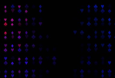 Koyu mavi, kırmızı vektör düzeni ve kart elemanları. Oyun kartlarının izole sembollerine sahip soyut çizimler. Reklam, poster ve kumar siteleri için tasarım.