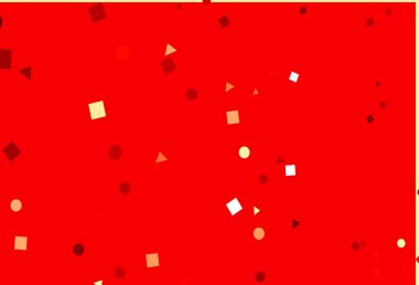 Açık kırmızı vektör, daireler şeklinde çokgen kaplamalı. Renkli daireler, üçgenler, kareler çizilmiş bir resim. Reklamlar için desen.