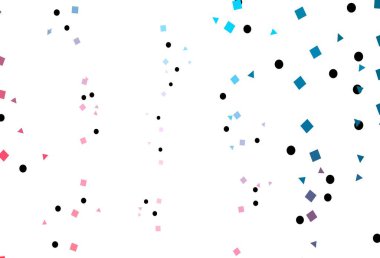 Açık mavi, kırmızı vektör desenli çokgen daireler. Küreler, kareler ve çizgilerle soyut çizimler. İş ilanları, broşürler, broşürler için desen