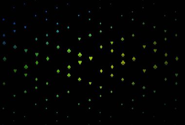 Koyu mavi, iskambil kağıtlı sarı vektör dokusu. Kupa, maça, sinek ve elmasların olduğu bir resim. Vegas 'ta parti ilanları, etkinlikler.