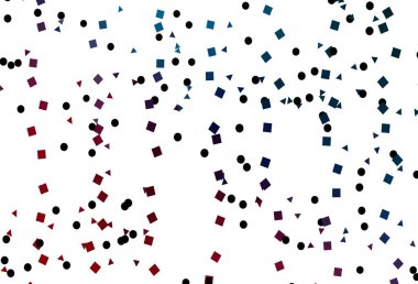 Açık mavi, üçgenli, daireli, küplü kırmızı vektör arkaplan. Renkli noktaları, çizgileri, küpleri olan soyut çizimler. Reklamlar için desen.