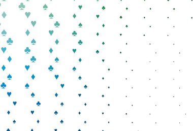 Açık mavi, içinde poker sembolleri olan yeşil vektör şablonu. Kalplerin, maça, sinek ve elmasların bulanık dekoratif tasarımı. Poker oyunları ve etkinlikler broşürleri için desen.