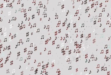 Müzik elementleriyle açık kırmızı vektör deseni. Renkli melodi sembolleri olan soyut çizimler. Fasion dergileri için şablon.