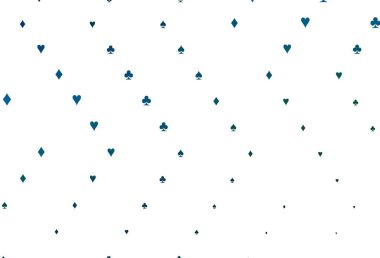 Açık mavi, kart işaretli yeşil vektör arkaplan. Kalplerin, maça, sinek ve elmasların işaretleriyle renkli bir değişim. Vegas 'ta parti ilanları, etkinlikler.