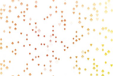 Açık Sarı, kart işaretli turuncu vektör arkaplanı. Kalplerin, maça, sinek ve elmasların işaretleriyle renkli bir değişim. Kitapçıklar, kumarhanelerin broşürleri..