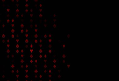Poker sembollü koyu kırmızı vektör şablonu. Kalplerin, maça, sinek ve elmasların bulanık dekoratif tasarımı. Kitapçıklar, kumarhanelerin broşürleri..