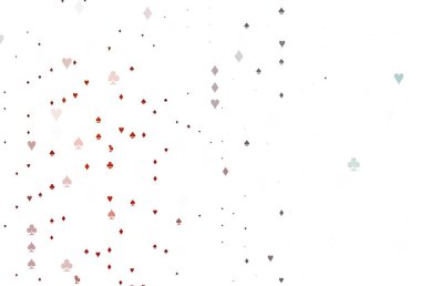 Kart sembollü açık kırmızı vektör deseni. Oyun kartlarının izole sembollerine sahip soyut çizimler. Vegas 'ta parti ilanları, etkinlikler.