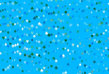 Açık mavi, içinde poker sembolleri olan yeşil vektör şablonu. Kalplerin, maça, sinek ve elmasların işaretleriyle renkli bir değişim. Vegas 'ta parti ilanları, etkinlikler.