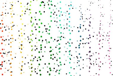 Işık Çokrenkli, gökkuşağı vektör arkaplanı üçgenler, daireler, küplerle. Soyut tarzda dekoratif tasarım, çizgiler, noktalar, küplerle. İş ilanınız için akıllı tasarım.