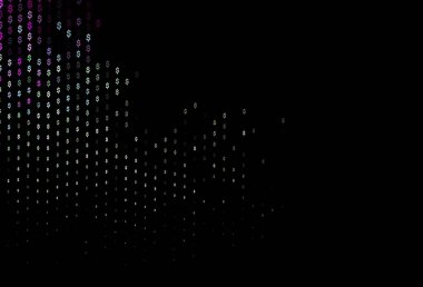 Dark Multicolor, gökkuşağı vektör desenli dolar, USD, ABD. Beyaz arka planda tüm para birimlerinin renkli sembolleri. Piyasa reklamları, krediler için şablon.