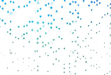 Açık mavi, kart işaretli yeşil vektör arkaplan. Kalplerin, maça, sinek ve elmasların bulanık dekoratif tasarımı. Kitapçıklar, kumarhanelerin broşürleri..