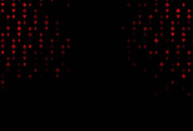 Koyu kırmızı vektör düzeni ve kart elemanları. Oyun kartlarının izole sembollerine sahip soyut çizimler. Poker oyunları ve etkinlikler broşürleri için desen.