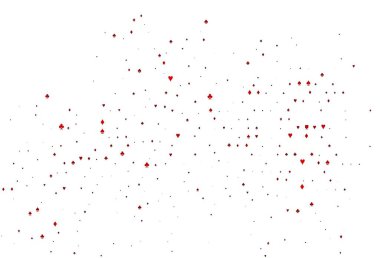 Kart sembollü açık kırmızı vektör deseni. Oyun kartlarının izole sembollerine sahip soyut çizimler. Reklam, poster ve kumar siteleri için tasarım.