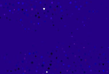 Açık pembe, iskambil kağıtlı mavi vektör dokusu. Kupa, maça, sinek ve elmasların olduğu bir resim. Kumarhanelerin kartvizitleri için şablon.