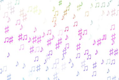 Açık Çokrenkli, müzik sembollü Gökkuşağı vektör arkaplanı. Renkli gradyan notaların parlak çizimi. Fasion dergileri için şablon.
