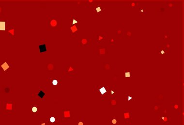 Açık kırmızı vektör, daireler şeklinde çokgen kaplamalı. Renkli daireler, üçgenler, kareler çizilmiş bir resim. Reklamlar için desen.