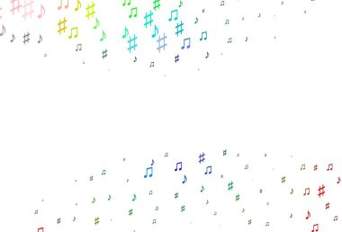 Açık Çokrenkli, müzik notalı Gökkuşağı vektör arkaplanı. Renkli gradyan notaların parlak çizimi. Okul ilanı, kitapçıklar için şablon.