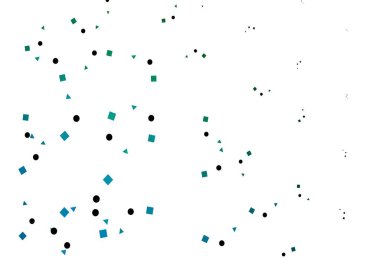 Açık mavi, daireleri, çizgileri, dikdörtgenleri olan yeşil vektör düzeni. Soyut tarzda dekoratif tasarım, çizgiler, noktalar, küplerle. İş ilanları, broşürler, broşürler için desen