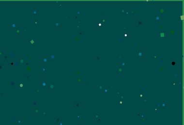 Açık mavi, çemberli çokgen şeklinde yeşil vektör örtüsü. Küreler, kareler ve çizgilerle soyut çizimler. Duvar kağıtları için şablon.