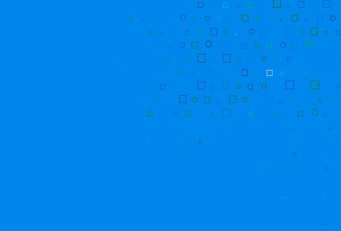 Açık mavi, üzerinde noktalar, noktalar ve küplerle yeşil vektör arkaplanı. Renkli daireleri, dikdörtgenleri olan soyut çizimler. Marka kitabınız için şablon.