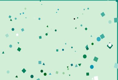 Açık mavi, daireleri, çizgileri, dikdörtgenleri olan yeşil vektör düzeni. Daireler, çizgiler, rengarenk eşkenar dörtgenler. İş ilanınız için akıllı tasarım.