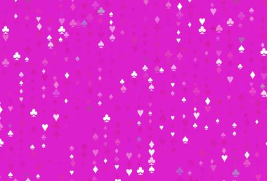Kart işaretli açık pembe vektör arkaplanı. Kalplerle, maça, sinek ve elmaslarla parlayan illüstrasyon. Kumarhanelerin kartvizitleri için şablon.