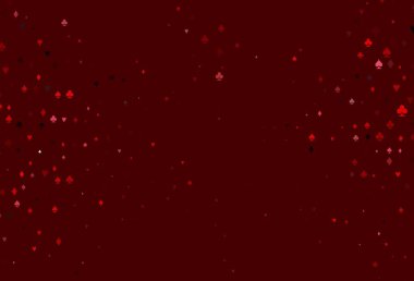 Kart elemanlarıyla Açık Kırmızı Vektör düzeni. Kalplerle, maça, sinek ve elmaslarla parlayan illüstrasyon. Vegas 'ta parti ilanları, etkinlikler.