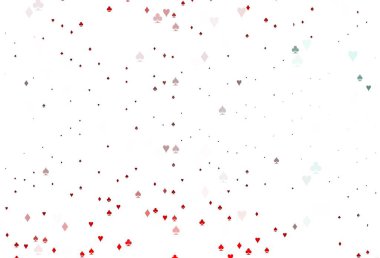 Kart elemanlarıyla Açık Kırmızı Vektör düzeni. Kalplerin, maça, sinek ve elmasların bulanık dekoratif tasarımı. Poker oyunları ve etkinlikler broşürleri için desen.
