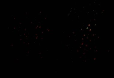 Koyu yeşil, kırmızı vektör desenli müzik elemanları. Renkli gradyan notaların parlak çizimi. Duvar kağıtları için modern tasarım.