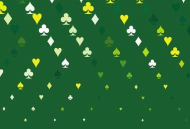 Açık yeşil, poker sembollü sarı vektör şablonu. Kupa, maça, sinek ve elmasların olduğu bir resim. Kumarhanelerin kartvizitleri için şablon.