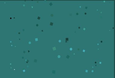 Açık yeşil, çemberli çokgen şeklinde sarı vektör deseni. Renkli noktaları, çizgileri, küpleri olan soyut çizimler. İş ilanınız için akıllı tasarım.