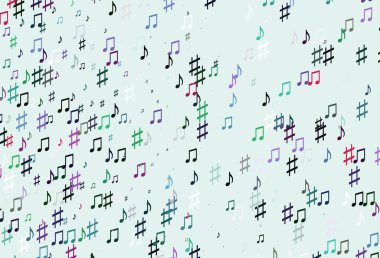 Açık Çokrenkli, müzik sembollü Gökkuşağı vektör arkaplanı. Soyut tarzda dekoratif tasarım ve müzik şekilleri. Müzisyenlerin web siteleri için desen.