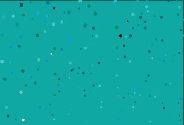 Açık mavi, çizgileri, daireleri ve eşkenarı olan yeşil vektör arkaplanı. Çemberler, üçgenler ve küplerle soyut gradyan çizimi. İniş sayfası için modern şablon.