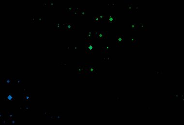 Koyu mavi, yeşil vektör arkaplanı çizgiler, daireler, eşkenar dörtgenler. Soyut tarzda dekoratif tasarım, çizgiler, noktalar, küplerle. İş ilanınız için akıllı tasarım.