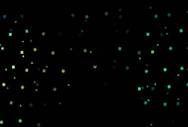 Koyu yeşil, sarı vektör arkaplan, üçgenler, daireler, küpler. Soyut tarzda dekoratif tasarım, çizgiler, noktalar, küplerle. İş ilanları, broşürler, broşürler için desen