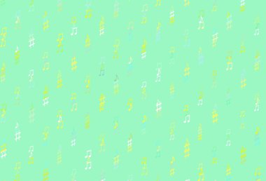 Açık yeşil, müzik notalı sarı vektör arkaplan. Renkli gradyan notaların parlak çizimi. Festival broşürleri için desen.