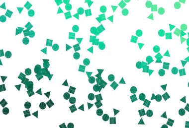 Açık yeşil vektör dokusu, çemberli, küplü. Küreler, kareler ve çizgilerle soyut çizimler. Reklamlar için desen.