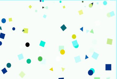 Açık mavi, sarı vektör dokusunda daireler ve küplerle. Soyut tarzda dekoratif tasarım, çizgiler, noktalar, küplerle. Reklamlar için desen.