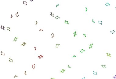Açık renkli, notalı Gökkuşağı vektör dokusu. Soyut tarzda dekoratif tasarım ve müzik şekilleri. Müzisyenlerin web siteleri için desen.