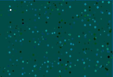 Açık mavi, daireleri, çizgileri, dikdörtgenleri olan yeşil vektör düzeni. Daireler, çizgiler, rengarenk eşkenar dörtgenler. Duvar kağıtları için şablon.